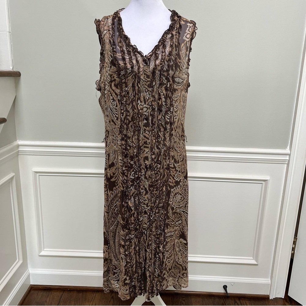 Oscar de la Renta Brown and Tan Midi Dress Size 14